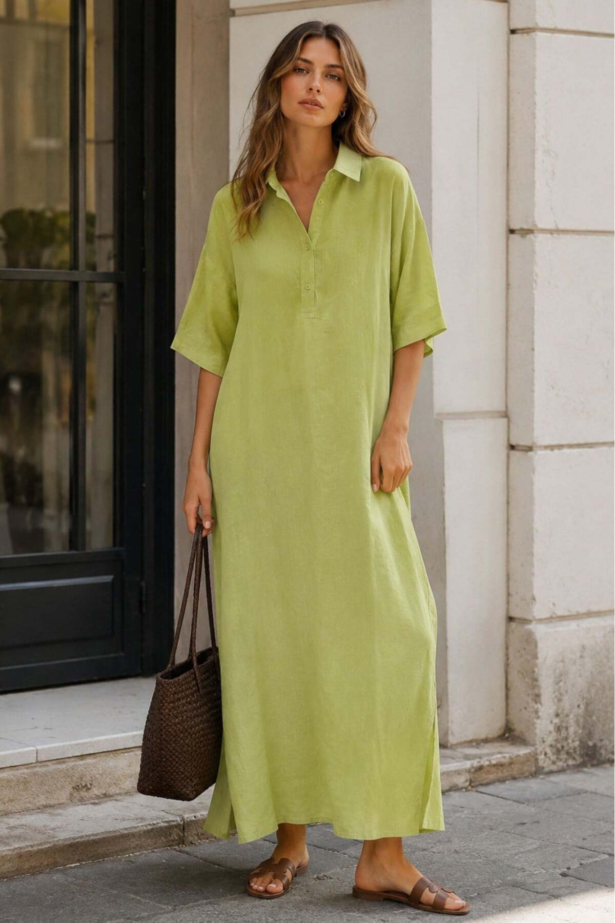 Madmext Light Green Modal Fabric Maxi Shirt Dress Mg2866