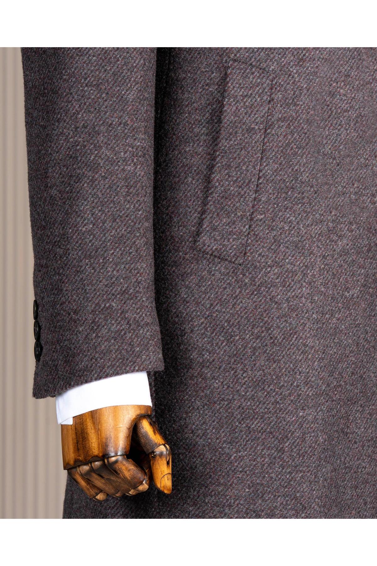 TerziAdemAltun İtalyan stil slim fit kruvaze kaşe yan cepli erkek kaban bordo T15032 görsel 5