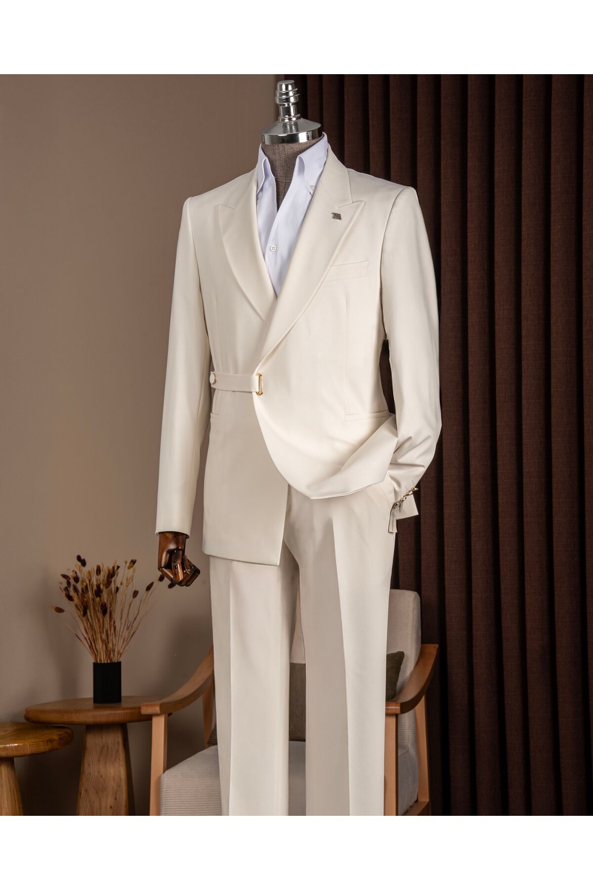TerziAdemAltun Slim Fit Men's Pointed Collar Waist Detailed Jacket Pants Suit White T20147-07