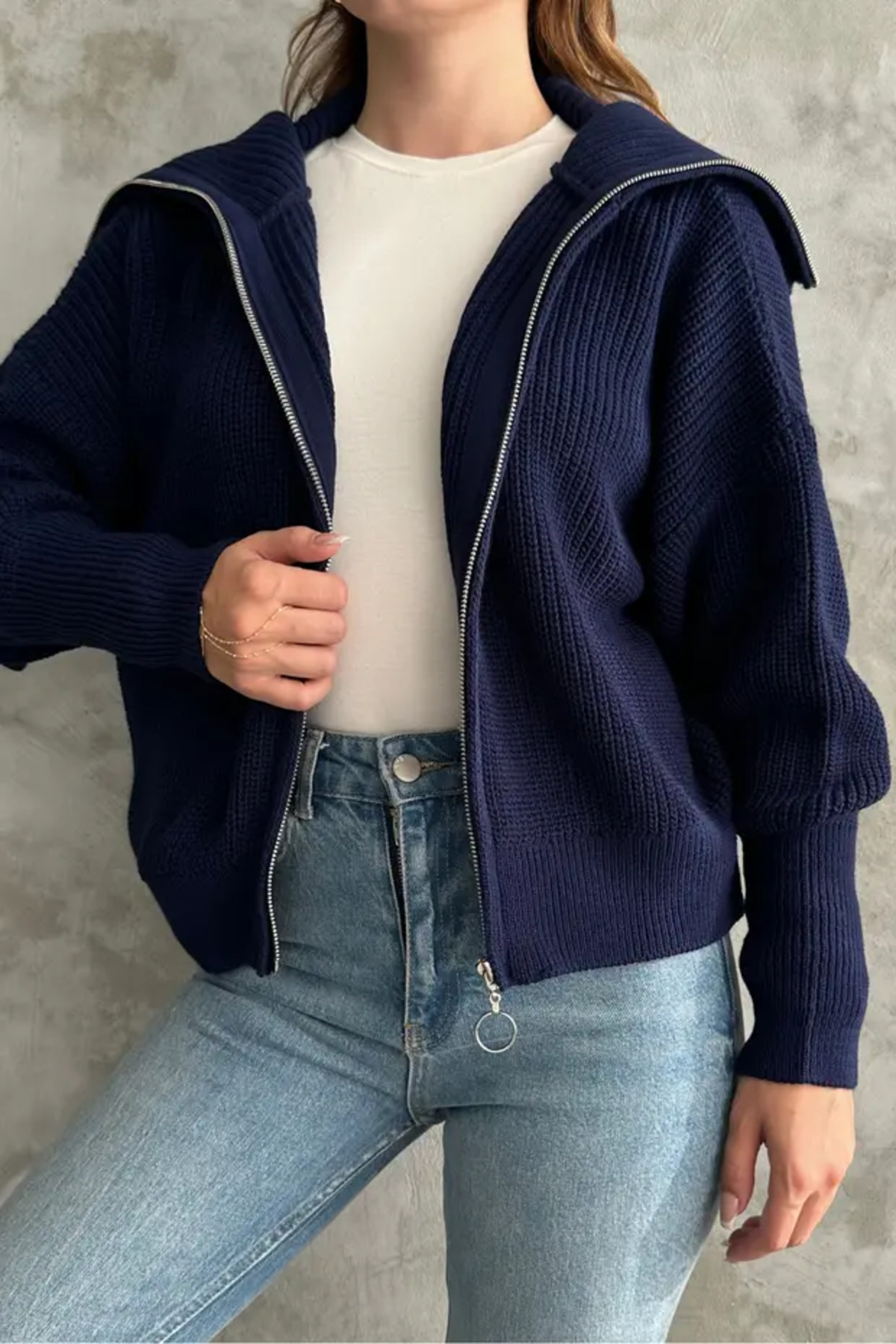 Nopen Knitwear Kadın Fermuarlı Devrik Yaka Triko Hırka görsel 3