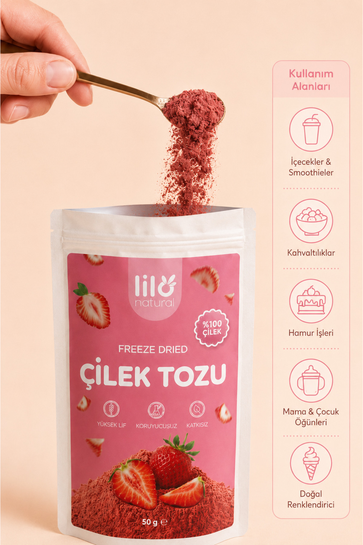 Lilo Natural Freeze Dried Çilek Tozu 50 g - %100 Çilek - Dondurularak Kurutulmuş Meyve Tozu