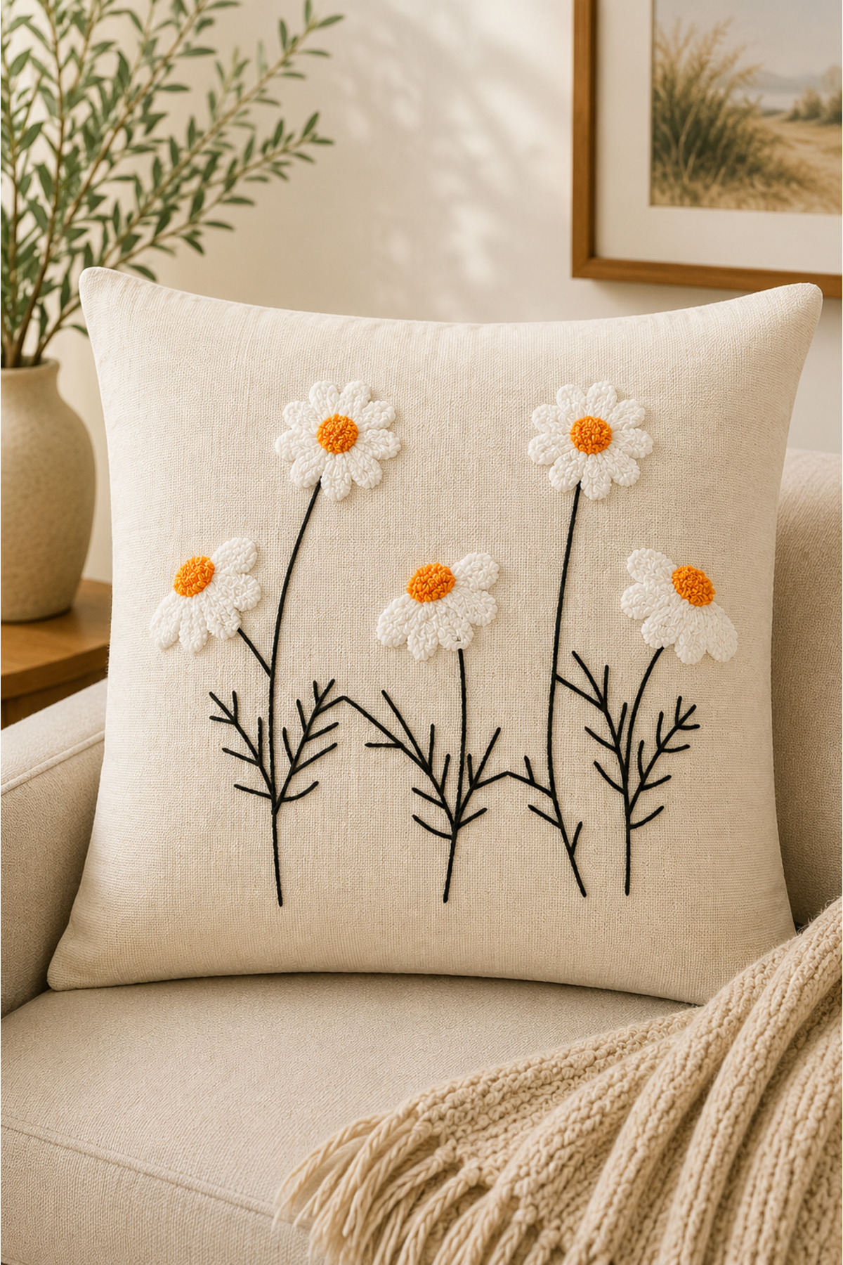 Dekoratif Punch Kırlent Kılıfı Keten Kumaş Gizli Fermuarlı 43x43