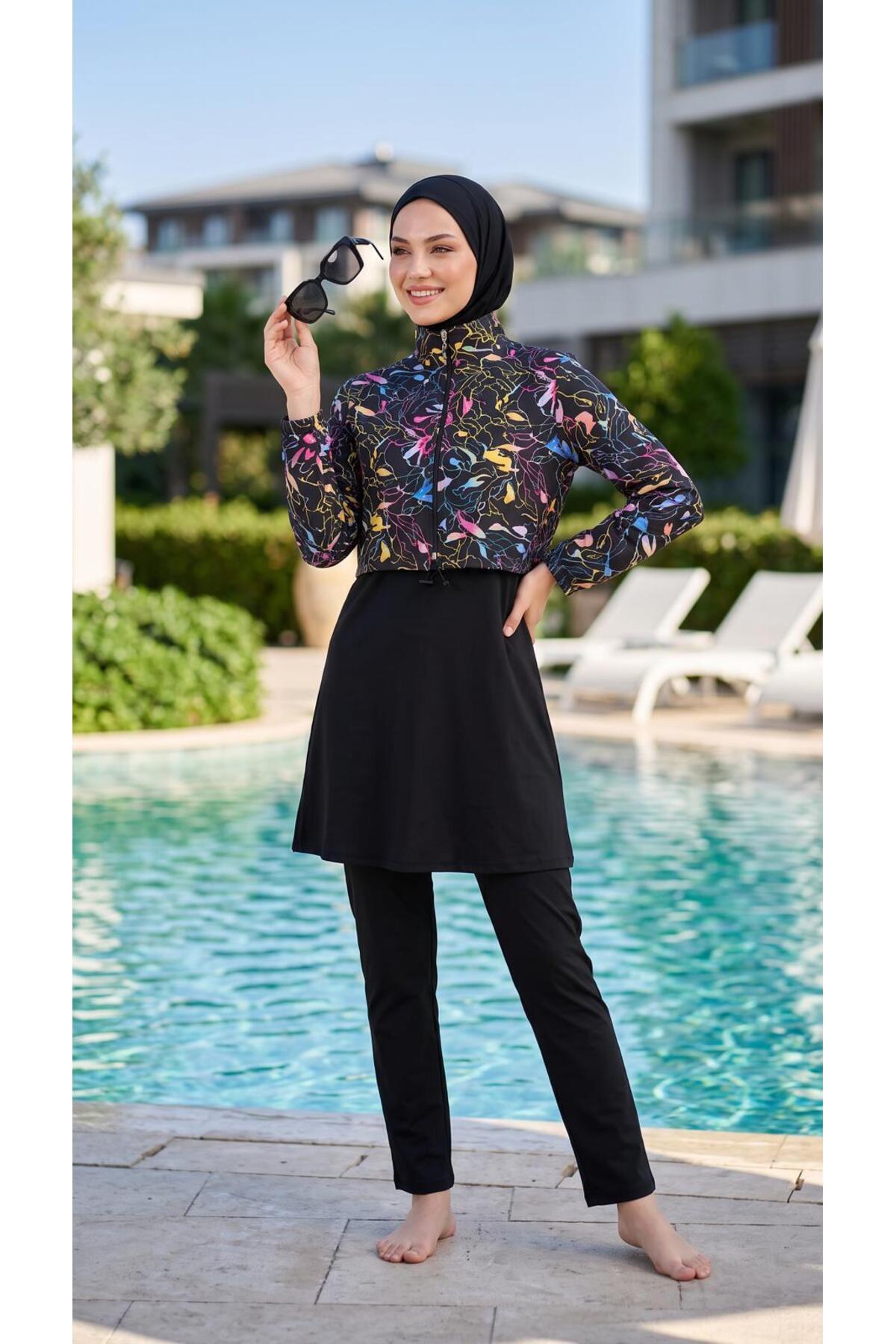 Rimal Full Closed Modest Swimwear Ethnic Pattern 4-Piece Set with Boned