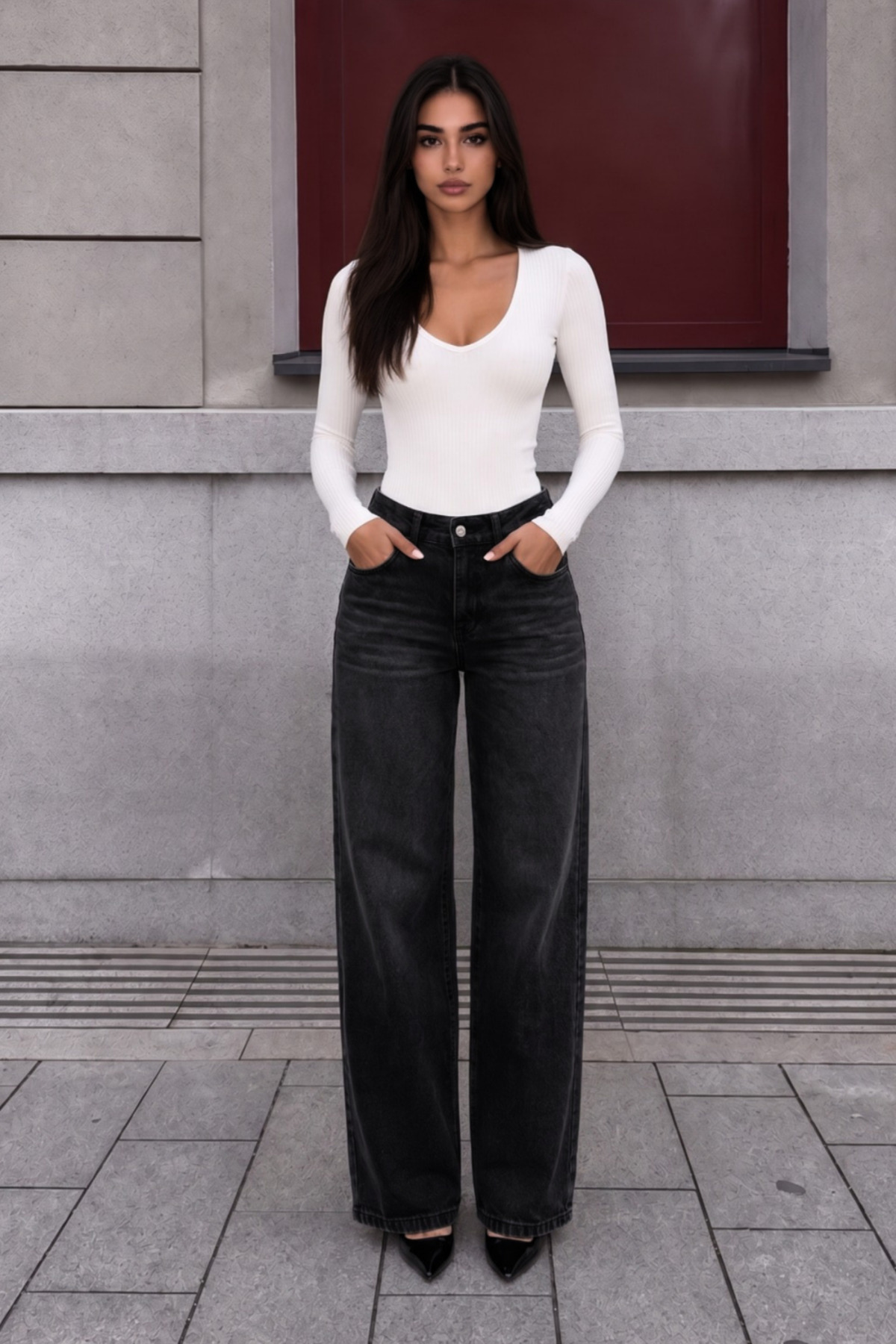 SİYAH EFEKTLİ Soluk Efekt Vintage Yüksek Bel Wide Leg Geniş Paça with Lycra Jeans 7