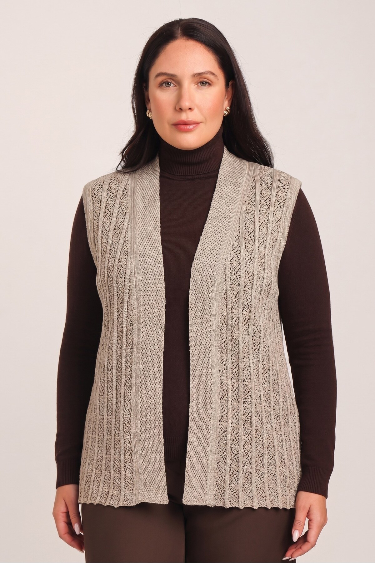 Uludağ Triko Women's Sand Knitwear Openwork Woven Seasonal Vest