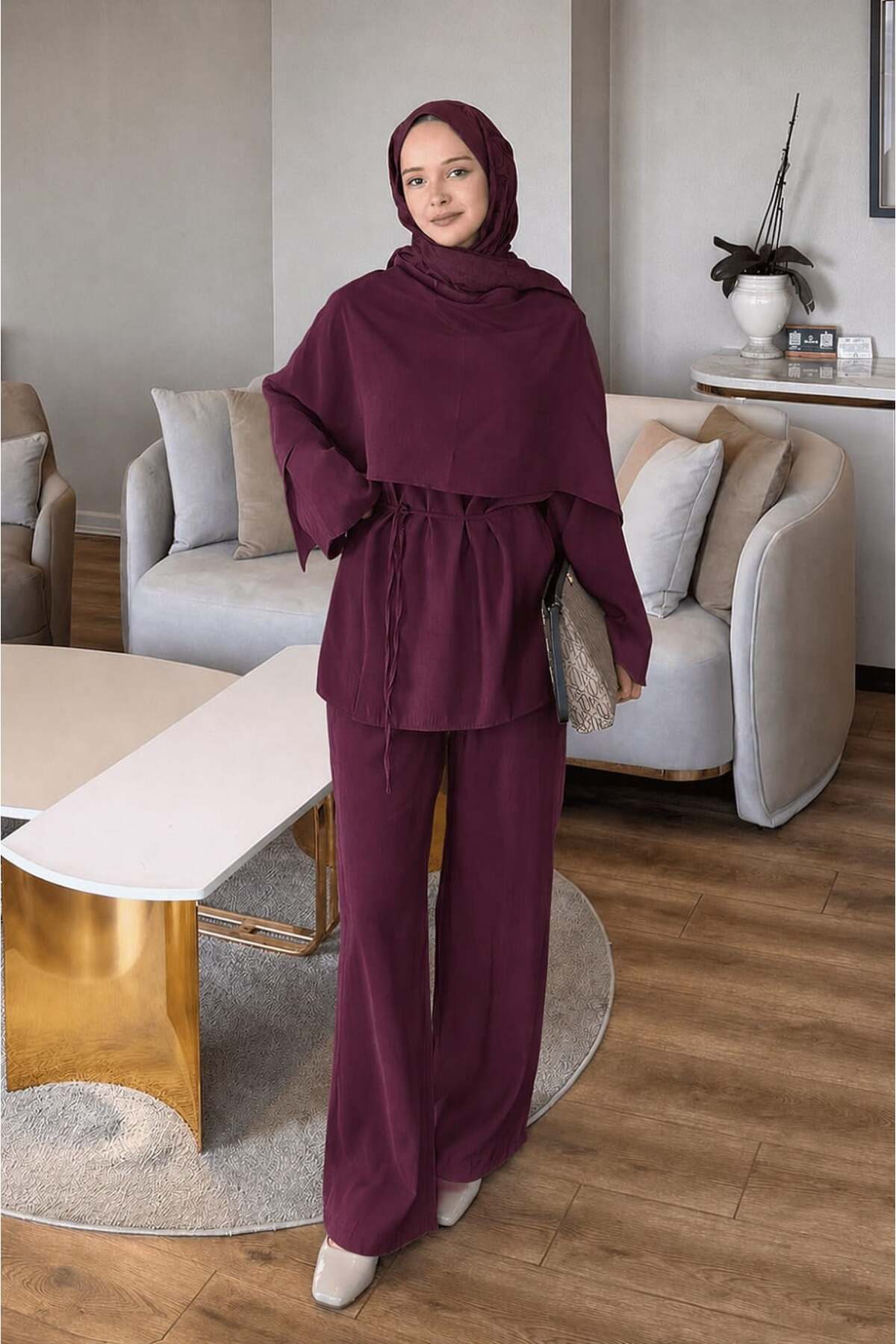 Lamelif Shawl Trouser Set Burgundy