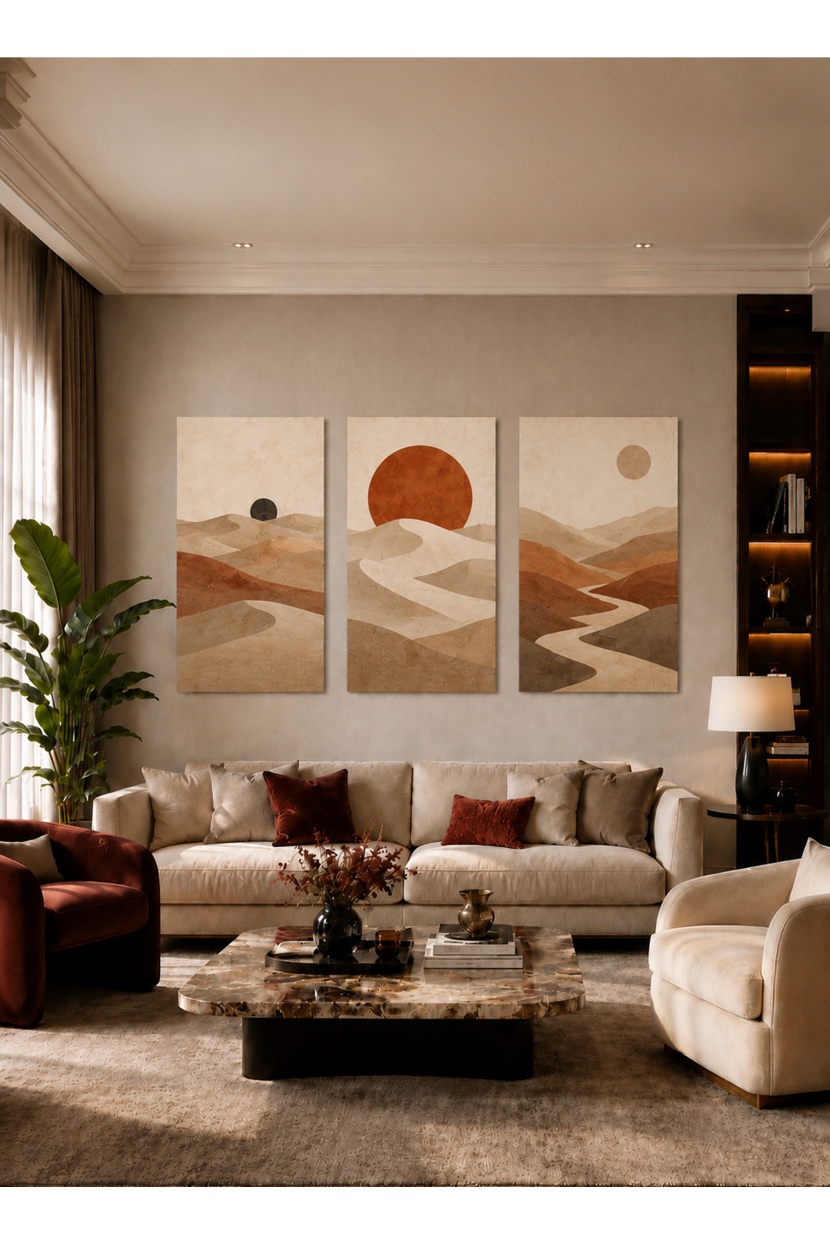 3 Parça MDF Soyut Çöl Manzarası Tablo Seti Modern Bej Minimalist Duvar Dekoru Salon Tablosu