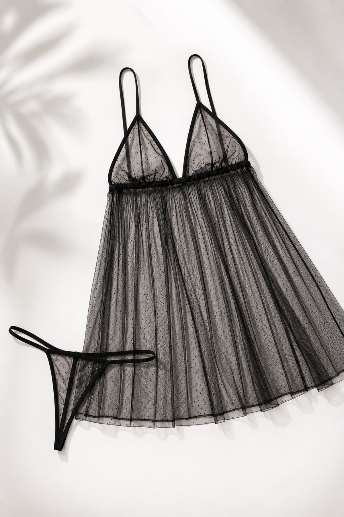 GEMA MODA Transparan Siyah Puantiyeli Tül Babydoll Gecelik ve String Takım görsel 2