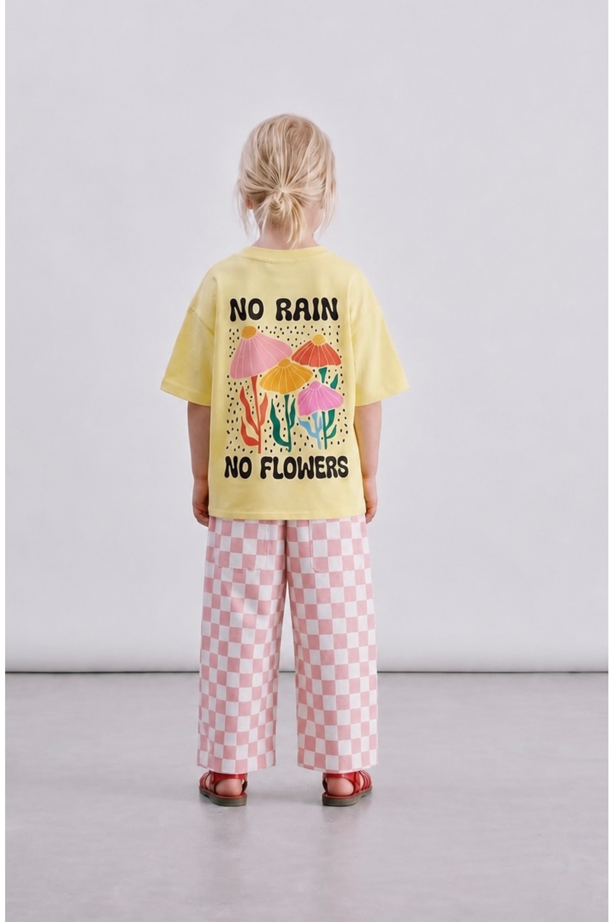 hety Girl's Pink T-Shirt + Checkerboard Patterned Cotton Summer Thin Pants Set