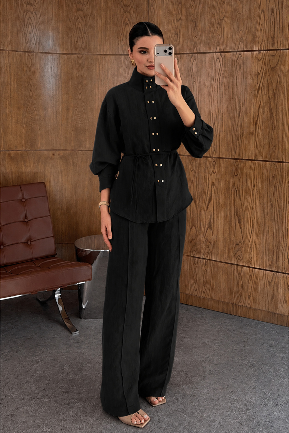 My Blog Black Color Square Gold Buttoned Shirt and Trousers Set - 2Y51348