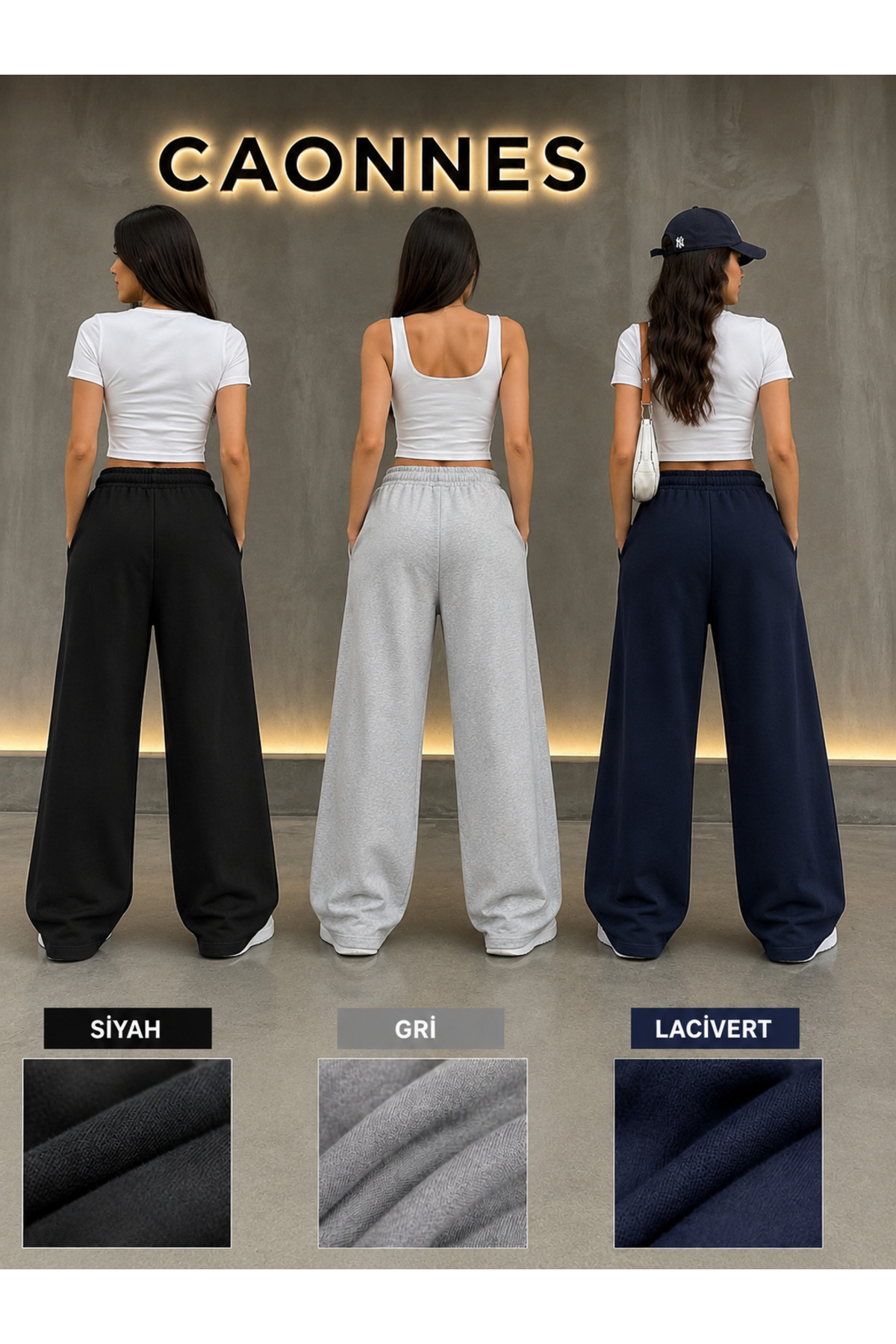 CAONNES 3'lü Kadın NY Baskılı Mevsimlik Eşofman Altı (siyah-gri-lacivert) Basic Oversize Günlük Rahat Kesim görsel 2