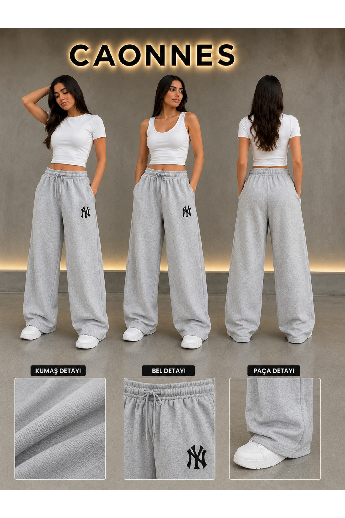 CAONNES 3'lü Kadın NY Baskılı Mevsimlik Eşofman Altı (siyah-gri-lacivert) Basic Oversize Günlük Rahat Kesim görsel 4