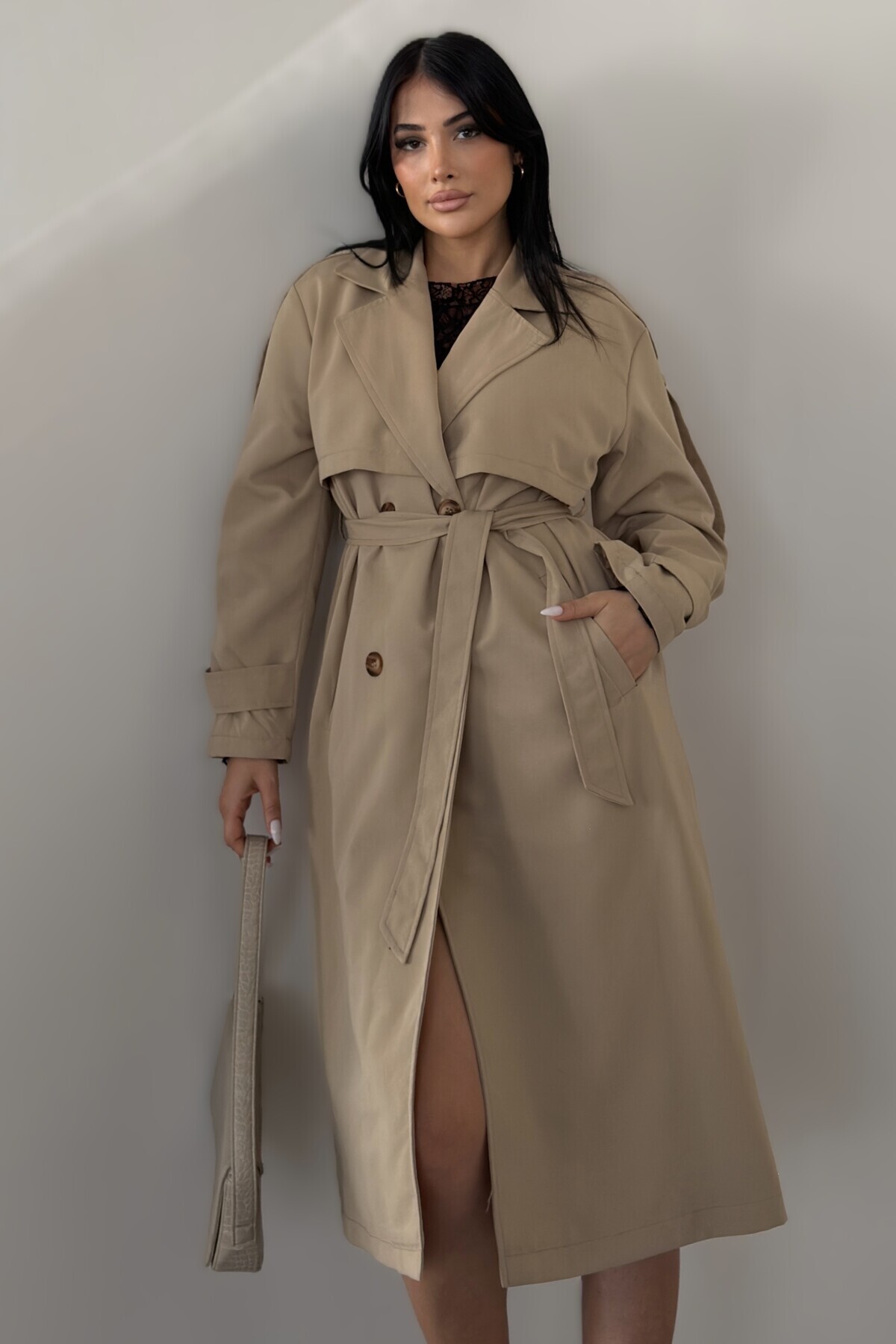 moda armanc Kadın Uzun Keten Trençkot | Kruvaze Yaka Kuşaklı Çift Düğmeli Oversize Trenç Ceket görsel 2