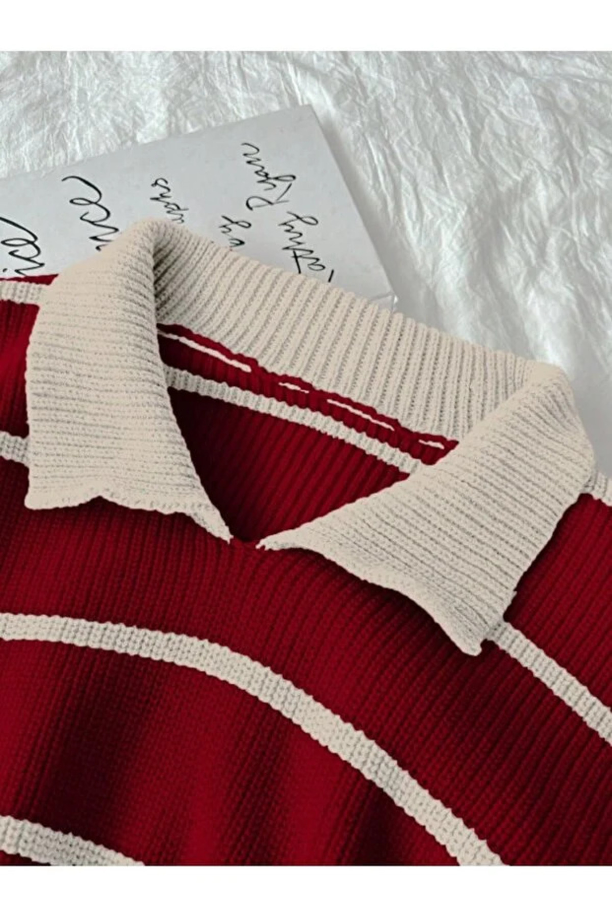 pepule Çizgili Polo Yaka Selanik Örgü Oversize Kadın Triko Kazak görsel 4