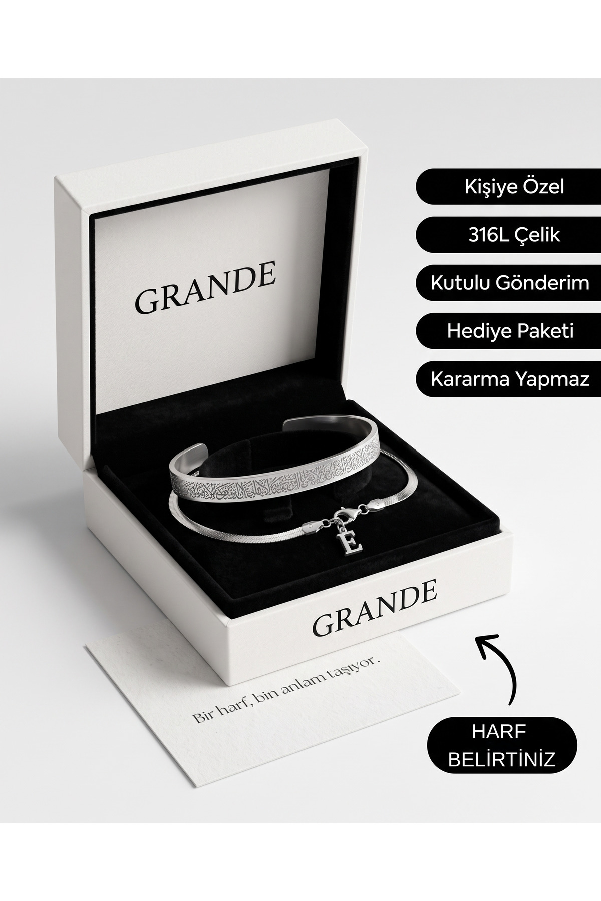 GrandeAccessory 2' Li Gümüş Ayetel Kürsi Bileklik Ve Unisex İtalyan Harfli Kararmaz Paslanmaz Çelik Bileklik