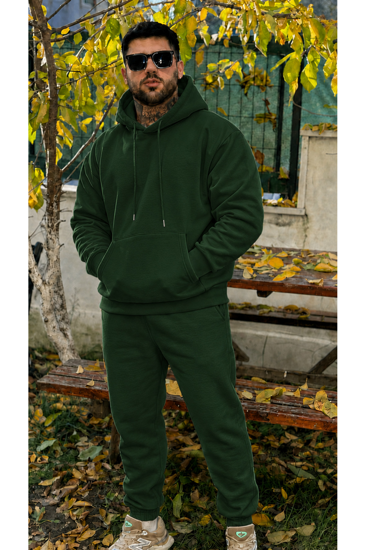 Erkek Kapşonlu 3 İplik Şardonlu Salaş Bol Hoodie Eşofman Takımı — سبز Mstf6027-1 — تصویر 3 از 4
