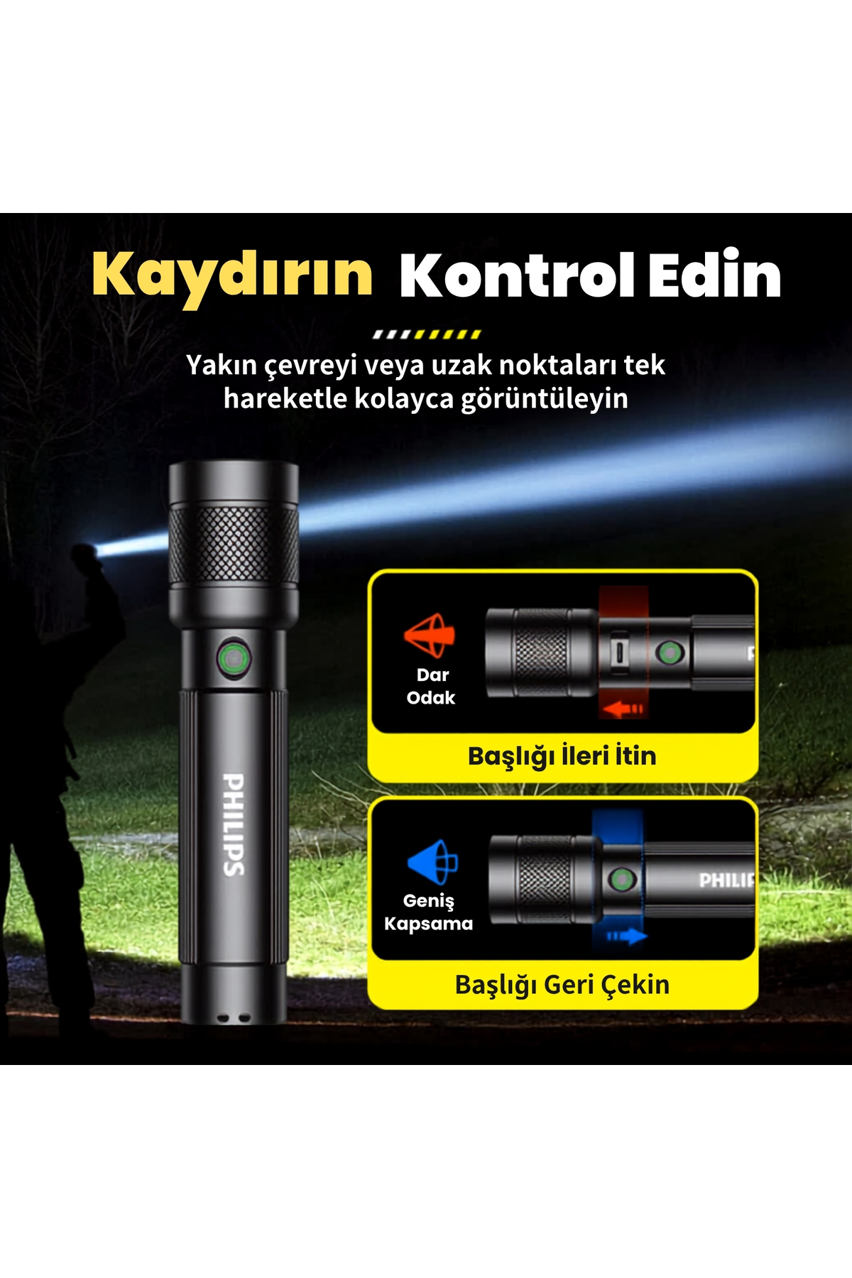 چراغ قوه LED دستی فلزی با ویژگی زوم و شارژ Type-C رنگ مشکی مدل SFL2247
