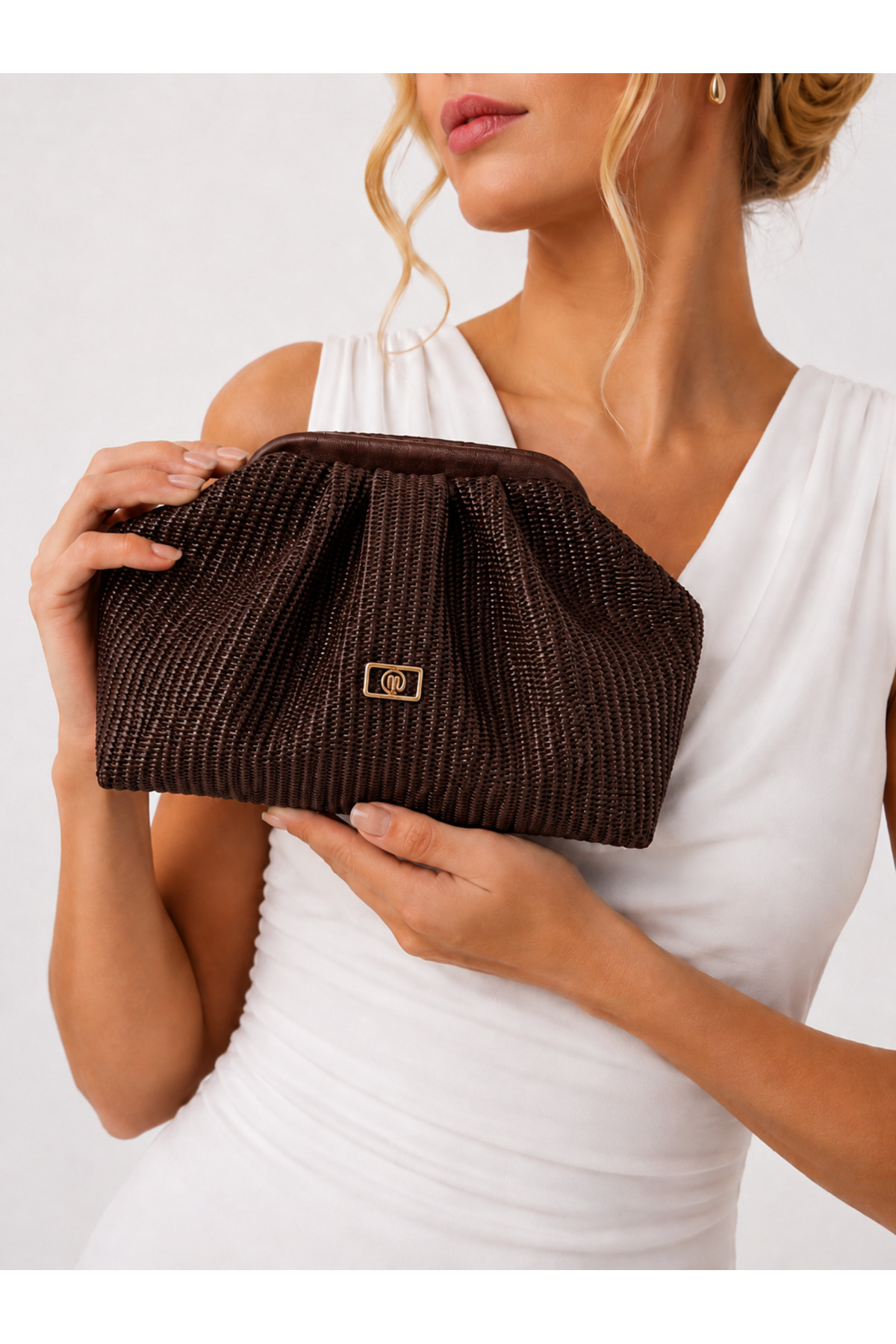 mossi Kahverengi Örgü Hasır Görünümlü Suni Deri Clutch Günlük Ve Abiye Kadın Çantası görsel 2