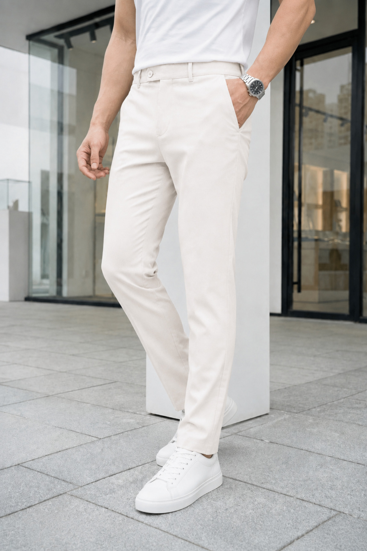 Ser Joven Men's Off-White Slim Fit Lycra Side Pocket Ankle Length Plain Fabric Trousers