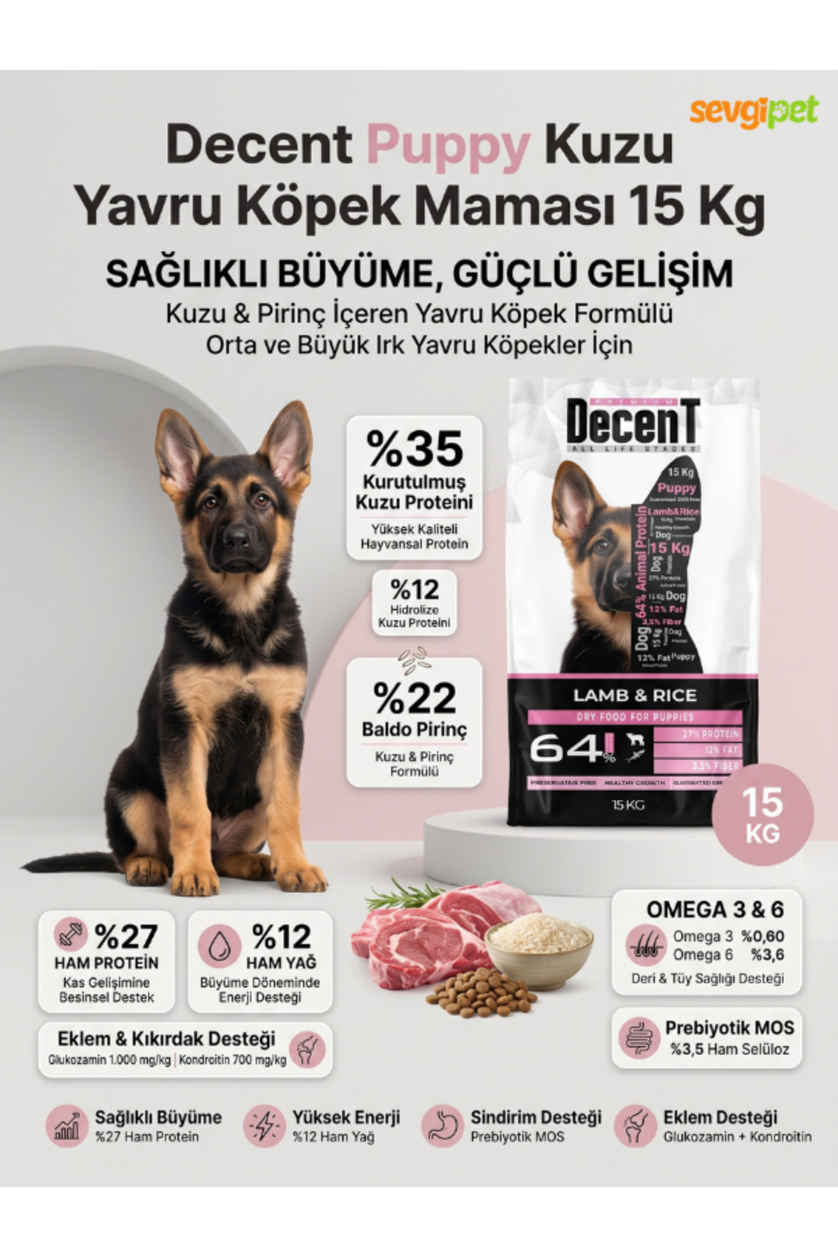 Decent Puppy Kuzu Eti ve Pirinçli Yavru Köpek Maması 15 KG (Yeme
