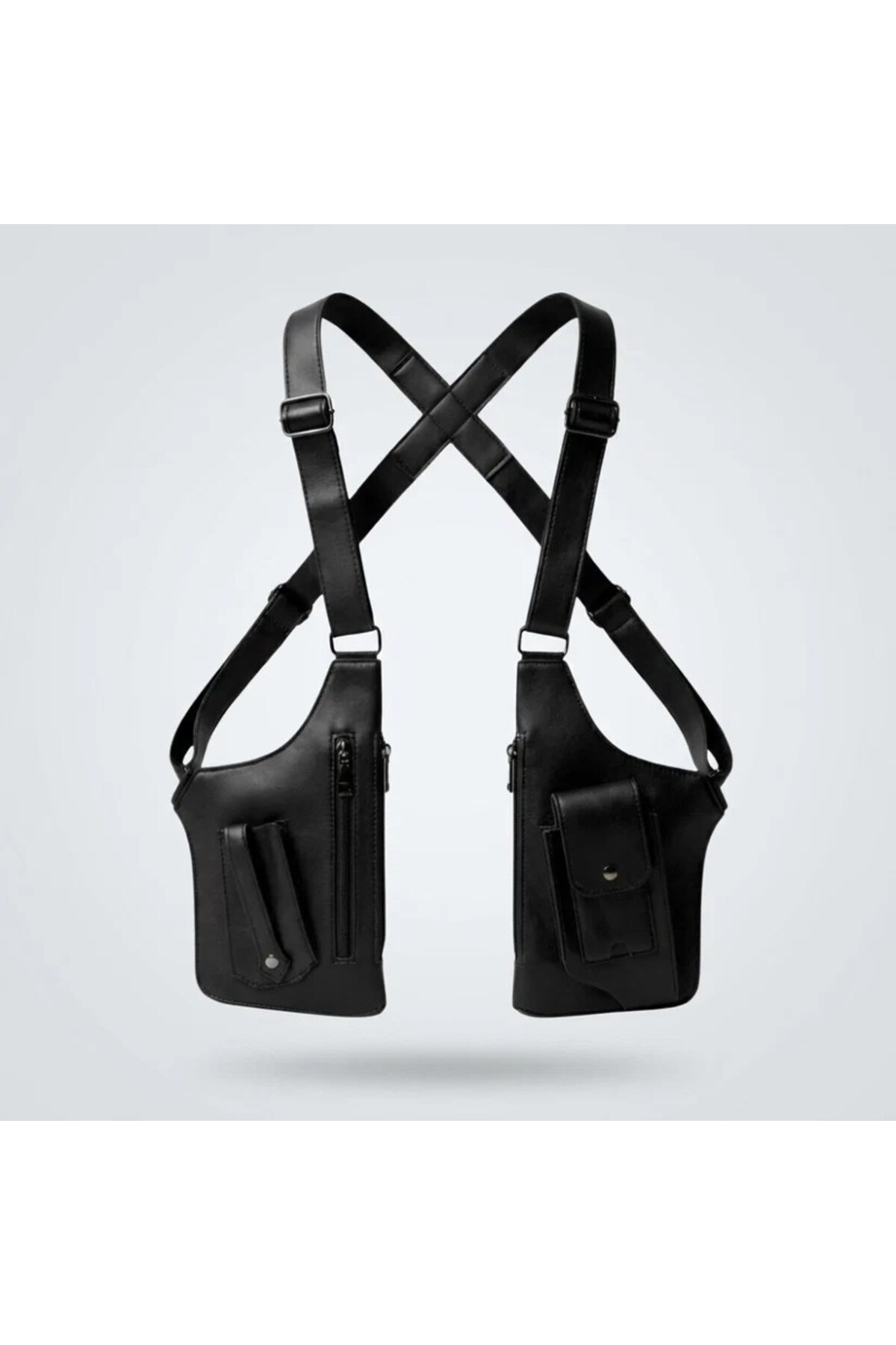 Newish Unisex Siyah Vegan Deri Çapraz Askılı Çok Cepli Harness Göğüs Çantası