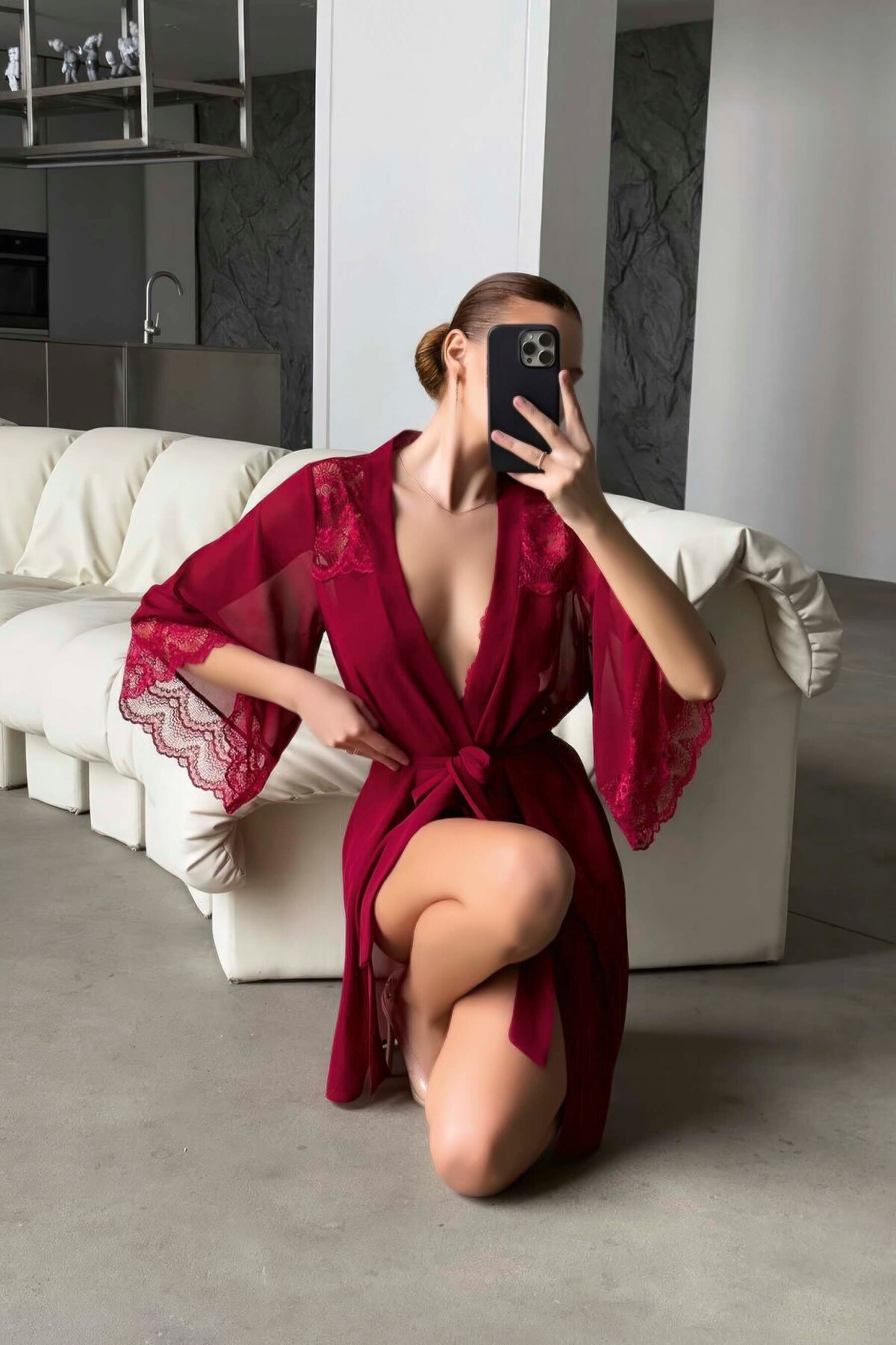 ESPERE Bordo Derin V Yaka Sabahlıklı Bodysuit Takım Çeyizin Vazgeçilmez Parçası görsel 2