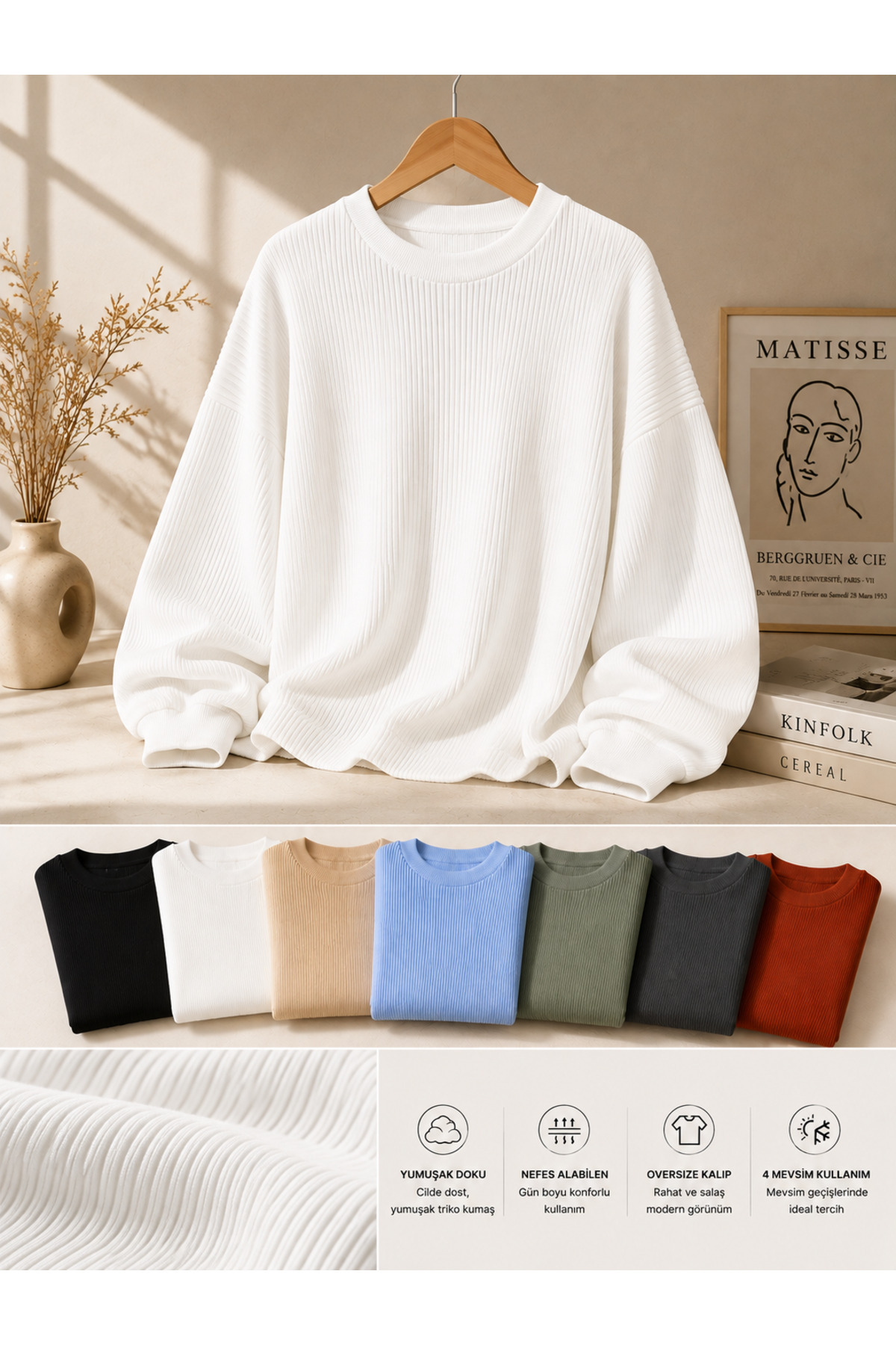 threeoff Erkek Oversize Fitilli Triko Kazak Bisiklet Yaka Uzun Kollu Salaş Günlük Basic Kazak