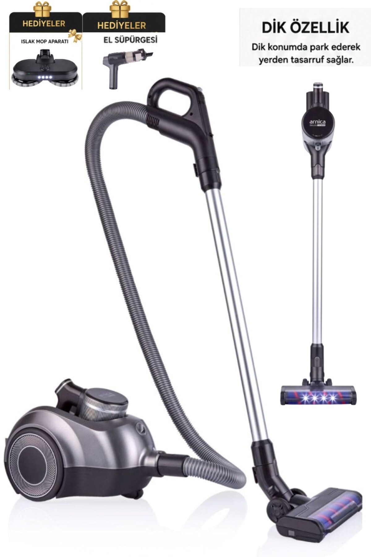 Arnica 2'si 1 Arada Şarjlı Süpürge 400W BLDC Motor HEPA Filtre Multi Siklon 120 Dakika Kablosuz Temizlik