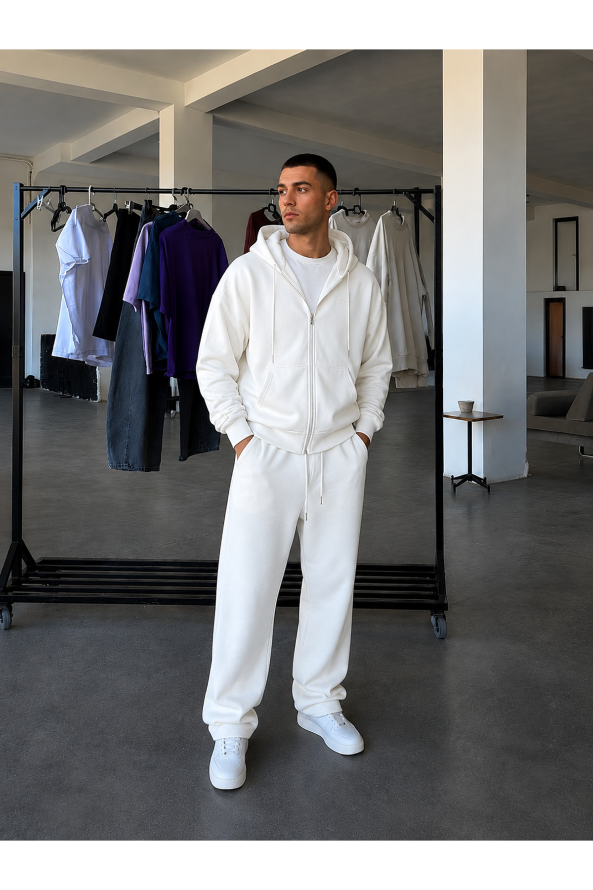 Erkek Fermuarlı Bol Paça Baggy Oversize İkili Eşofman Takımı — سفید BGHRTK2 — تصویر 3 از 3