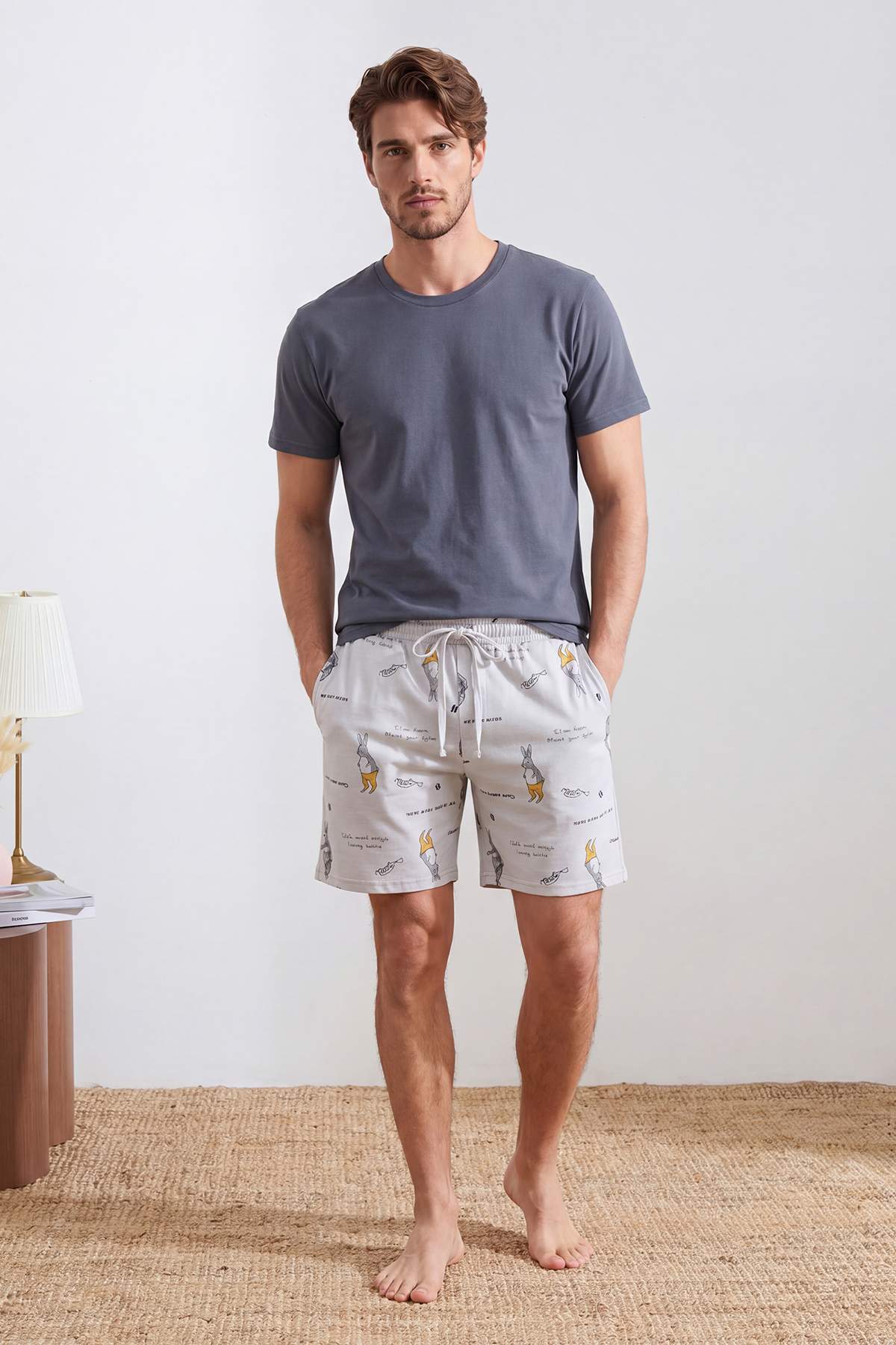 Trendyolmilla Man Lacivert Kanguru Desenli Cauple/Çift Yazlık Örme Pijama Takımı TMNSS26PT00052