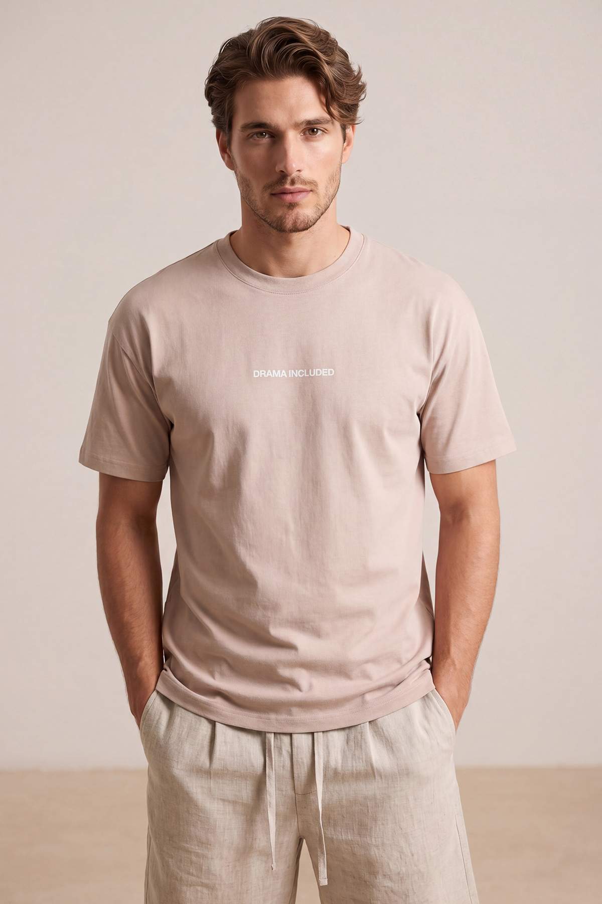 Trendyolmilla Man Bej Oversize/Geniş Kalıp Slogan Baskılı Tok Kumaş T-Shirt TMNSS26TS00073