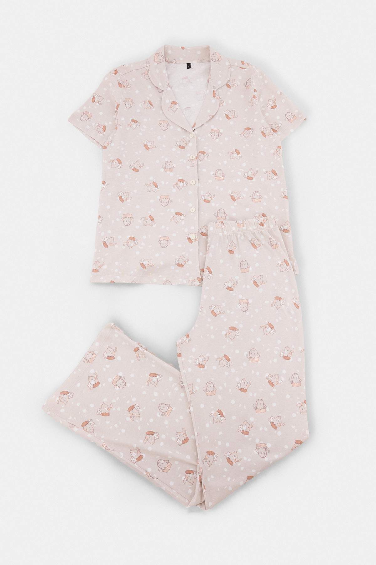 Trendyolmilla Bej %100 Pamuklu Kedi Desenli Örme Pijama Takımı THMAW27PT00015