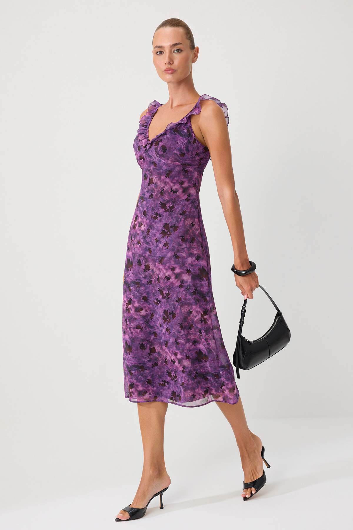 Trendyol Collection Purple Floral Patterned Ruffle Detailed Chiffon Lined Midi Woven Dress Twoss26El00223