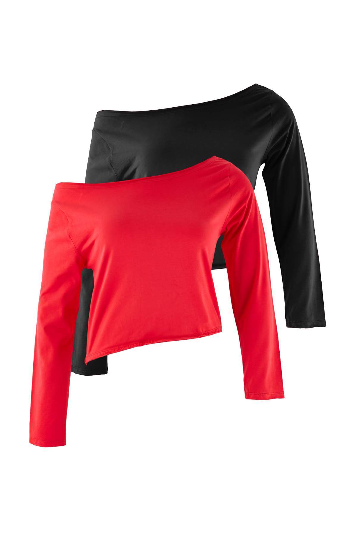 Trendyolmilla Curve Kırmızı-Lacivert 2'li Paket %100 Pamuk Asimetrik Kayık Yaka Crop Örme T-Shirt TBBAW26BF00001