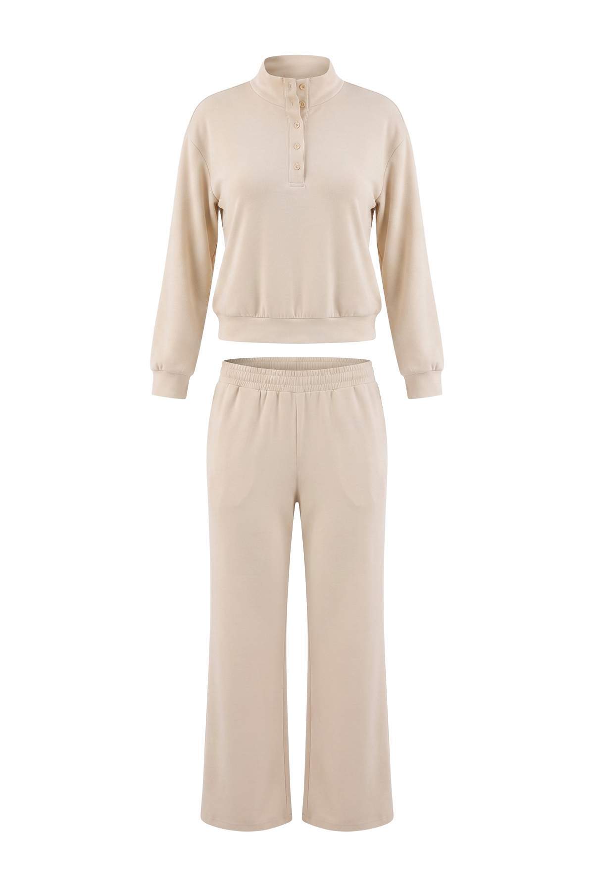 Trendyolmilla Taş Düz Regular/Normal Kalıp Dik Yaka Boru Paça Soft Touch Örme Alt - Üst Takım TWOAW27AU00107