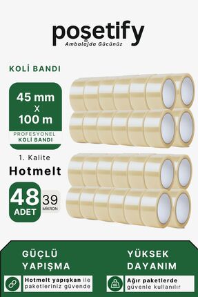 POŞETİFY 45 mm x 100 Metre Hotmelt Koli Bandı | 1. Kalite | Güçlü Şeffaf Pake...
