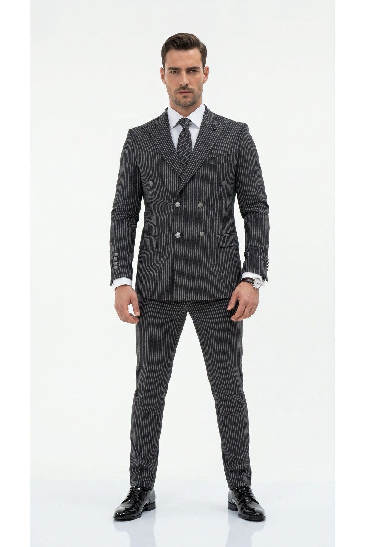 İtalyan Kesim Kruvaze Takım Elbise – Modern Slim Fit – Çizgili Kumaş Detaylı — سرمه‌ای PRA-13343985-802781