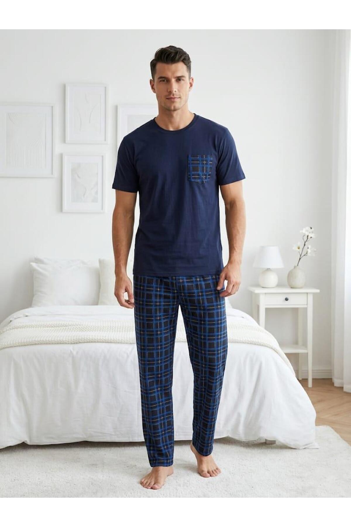 Sude HOMEWEAR Erkek Ekoseli Cepli Kısa Kollu Pijama Takımı görsel 2