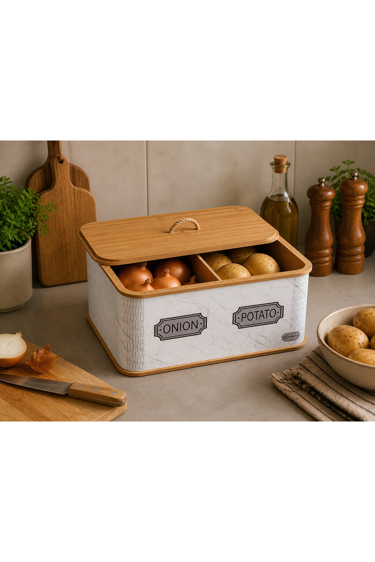 2 Compartment Pattern Natural Wooden Potato Onion Vegetable Storage Basket Potato Onion Luxury Vegetable Bucket