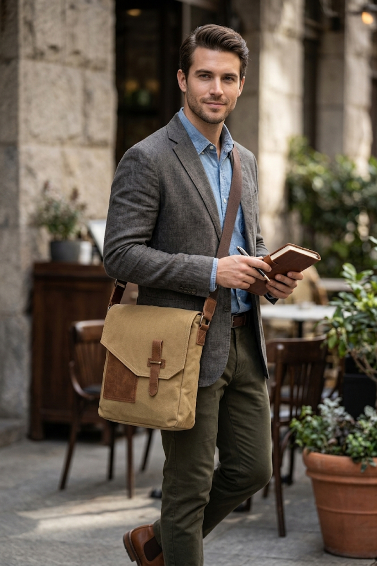 GK62 Canvas (cotton) POSTMAN BAG MULTI-COMPARTMENT UNIVERSITY DAILY BAG MACBOOK TABLET BAG BEIGE
