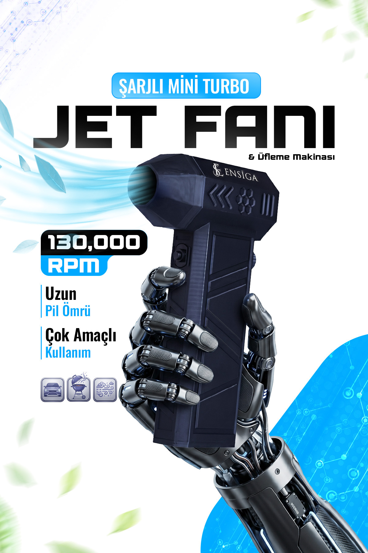 Rechargeable Car Dryer Mini Turbo Jet Fan Barbecue Air Blower Speed Adjustable Leaf Blower