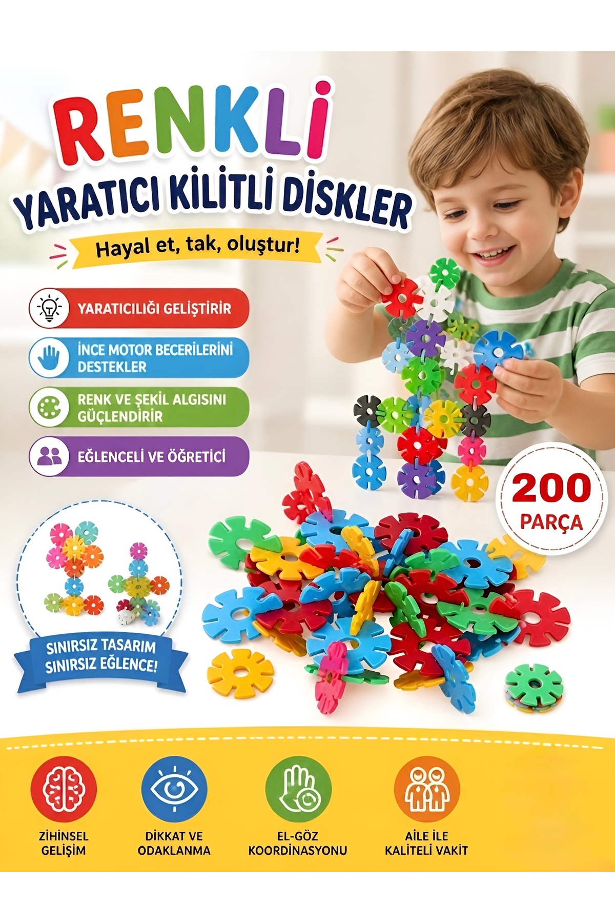 Hyd Oyuncak Yaratıcı Diskler 200 Parça Stem Eğitimi Uyumlu Kilitli