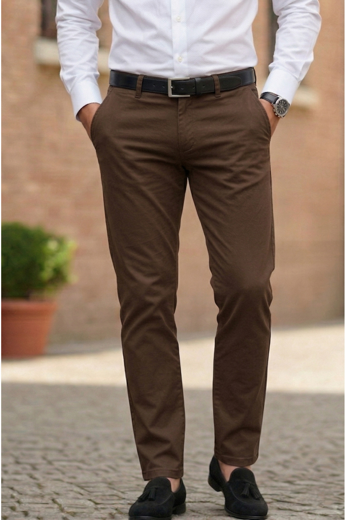 TheSeason Erkek Kahverengi Gabardin Pamuklu Slim Fit Esnek Ofis Stili Chino Pantolon