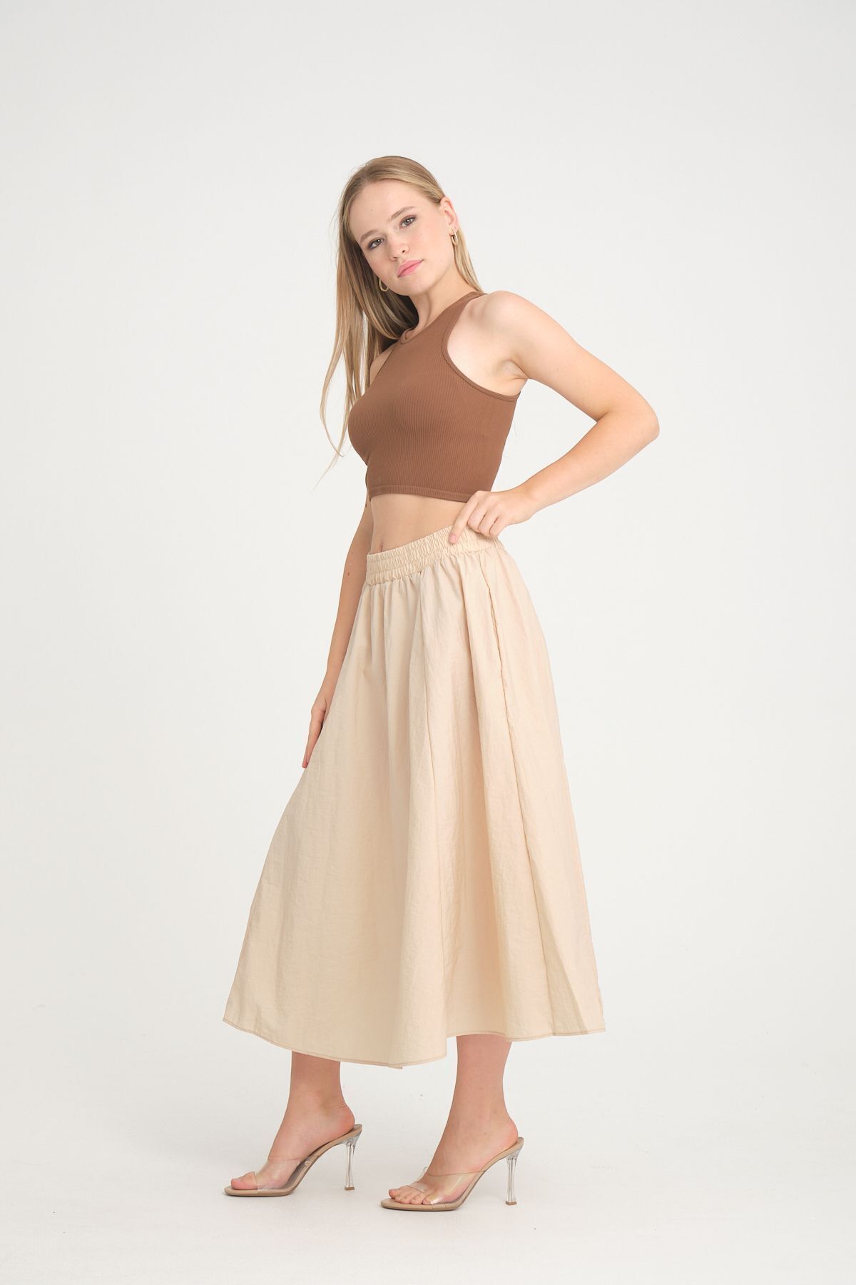 İLKCET MODA  Paraşüt Kumaş Bej Bol Kesim Kadın Etek - Görsel 4