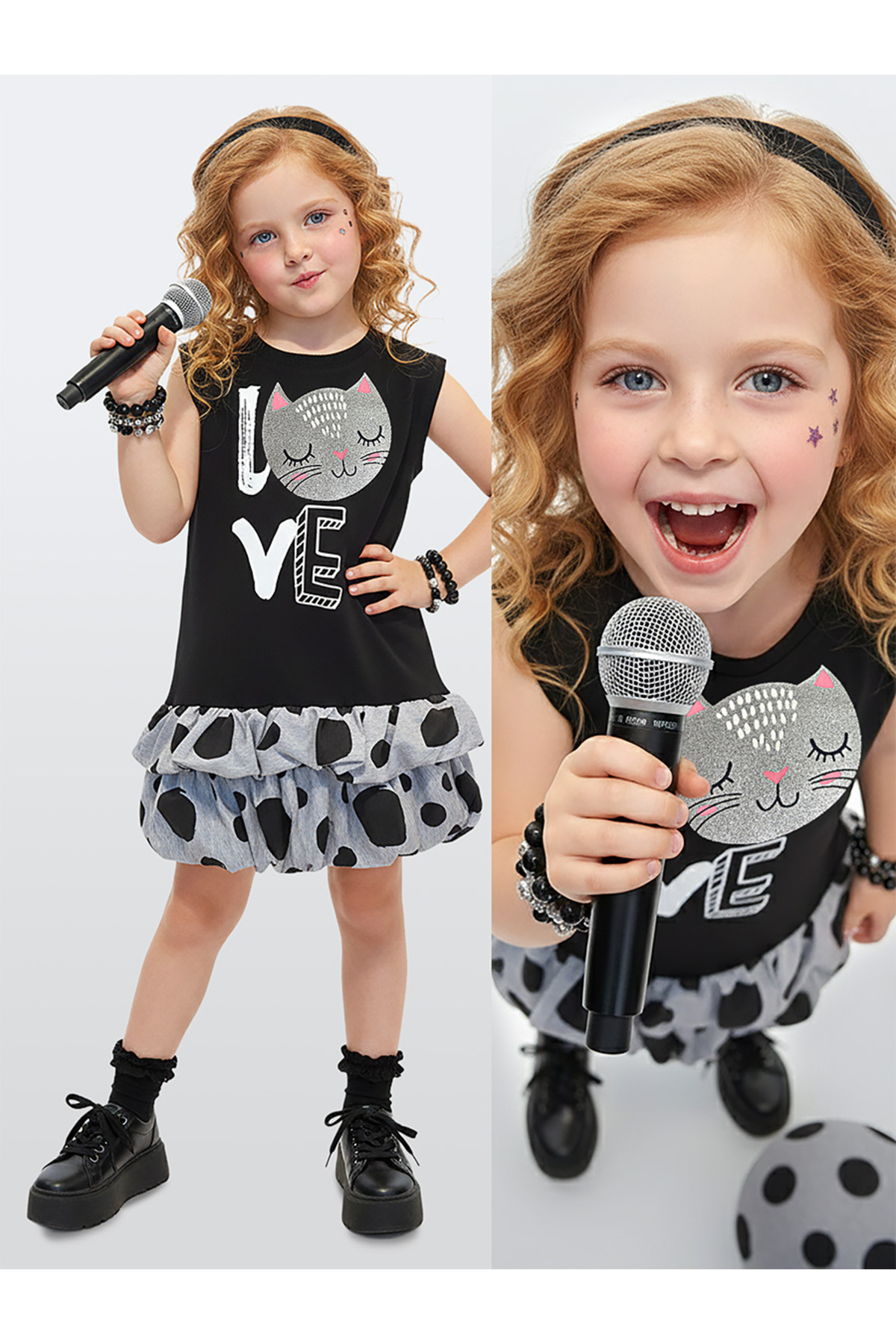 Denokids Kız Çocuk Elbise Siyah Kedi İlkbahar Yaz Sezonu 4-10 Yaş