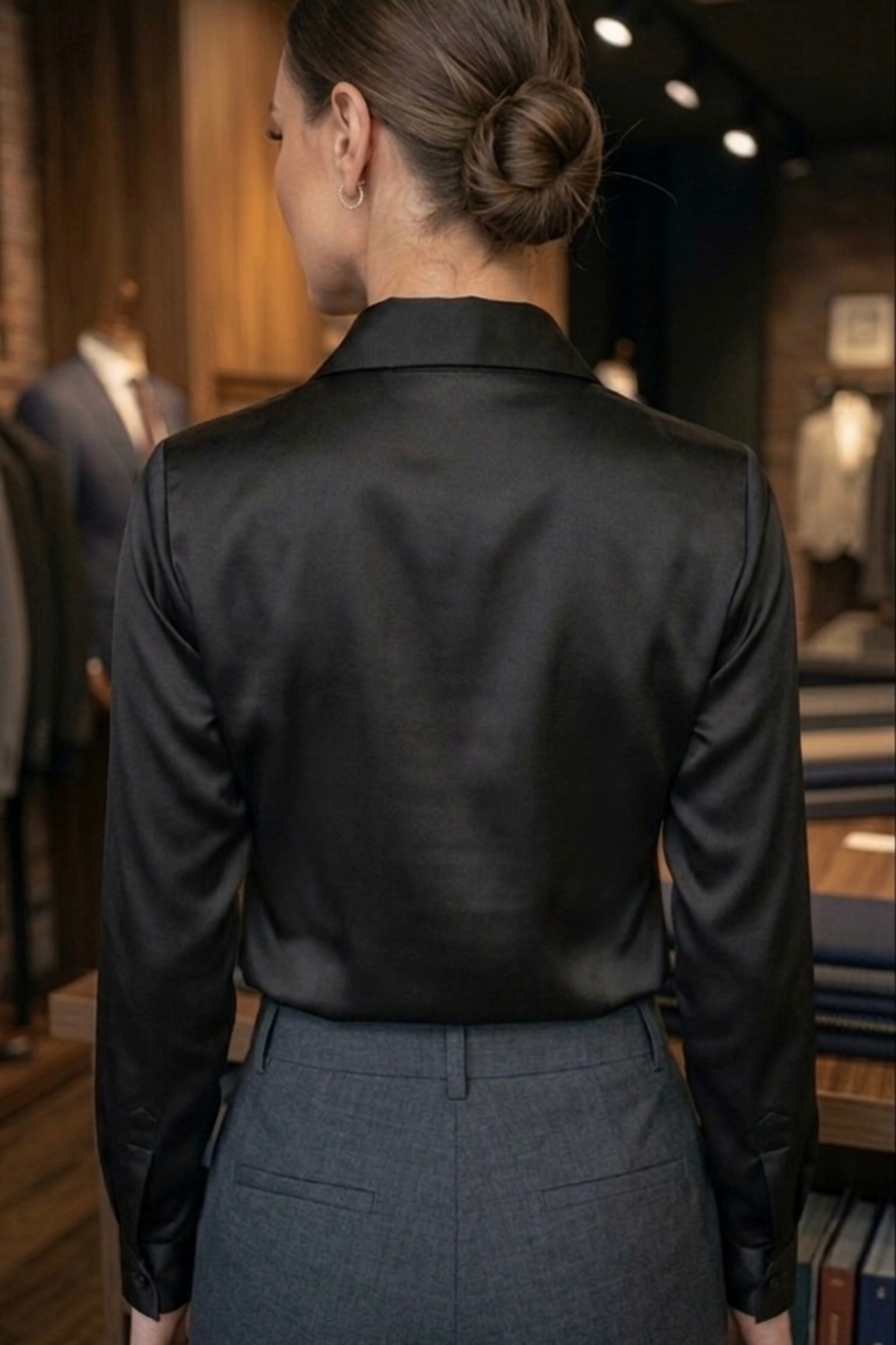 miremiran  SATEN GÖMLEK gizli patlı rahat Kadın Slim fit SATEN SİYAH - Görsel 4