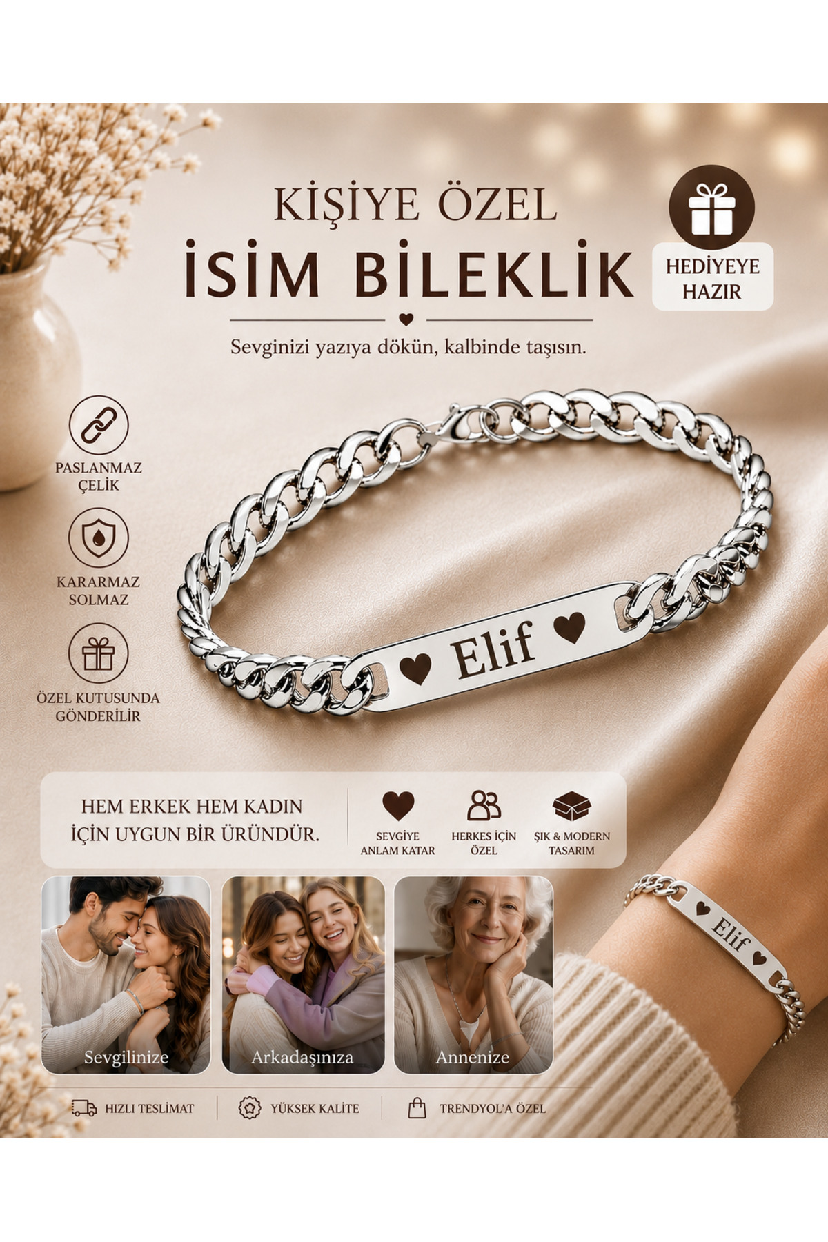 TrendÜrünlerim Kişiye Özel Bileklik Sevgili,arkadaş plakalı tek nomi(İSTENİLEN YAZI YAZILABİLİR) ANNELER GÜNÜ