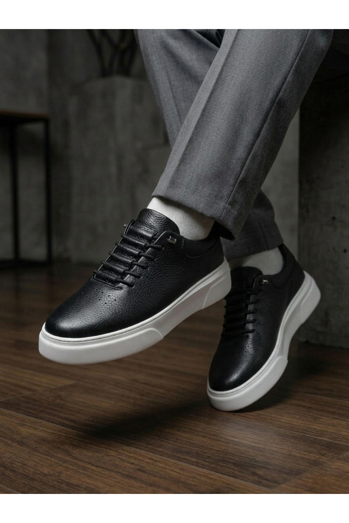 Derify Hakiki Deri Siyah Erkek Casual Ayakkabı – Ortopedik, Ultra Rahat, Akıllı Bağcık, Günlük Sneaker