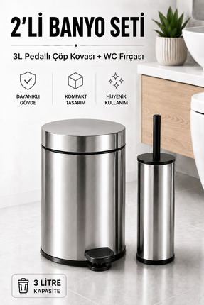 Sas Haus SAS Pedallı Banyo Çöp Kovası ve WC Fırçası Seti – Paslanmaz Görünüml...