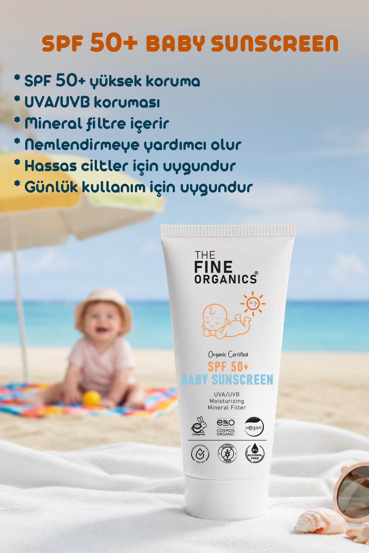 Organik Sertifikalı SPF 50+ UVA/UVB Mineral Filtreli Bebek ve Çocuk Güneş Kremi, Vegan Güneş Kremi — TFOBSCR01 — تصویر 3 از 6